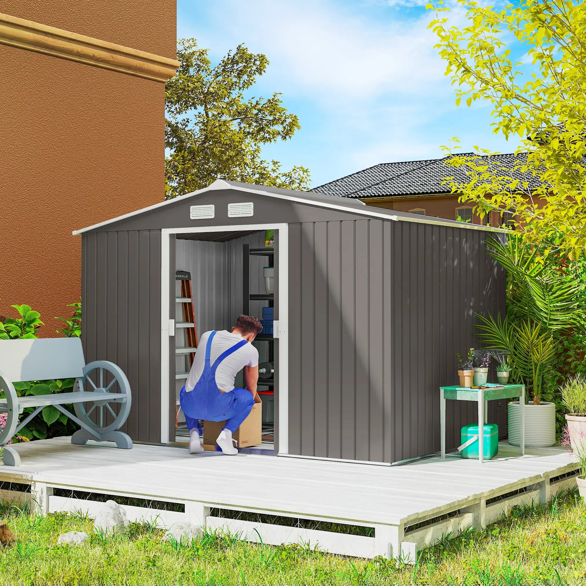 9x6 Galvanized Steel Garden Shed, Double Doors, Foundation Kit, Grey Sheds at Gallery Canada