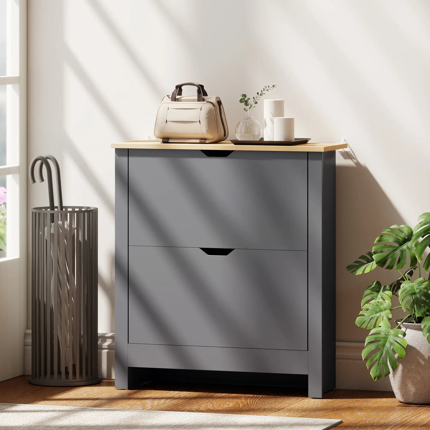 Shoe Storage Cabinet, 2 Flip Drawers, Adjustable Shelves, 12 Pairs, Dark Grey Shoe Storage Cabinets & Racks at Gallery Canada