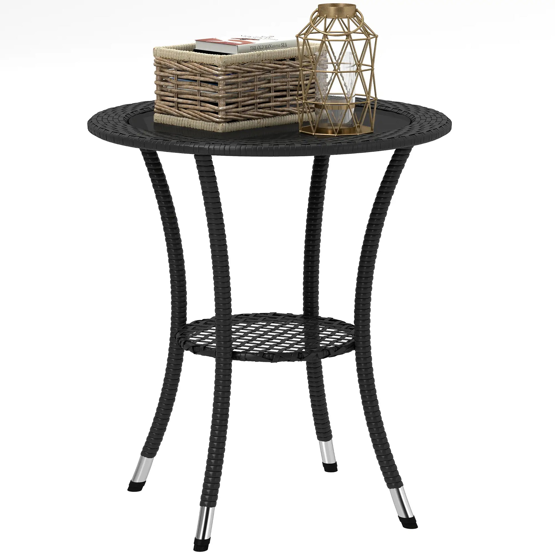 Outdoor Rattan Dining Table, Round Coffee Table with 2-Tier Shelf, Black Patio Dinning Tables at Gallery Canada