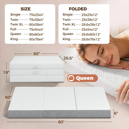 Foldable Queen Mattress, 6 Inch Tri Fold Memory Foam, Washable Cover Mattresses at Gallery Canada