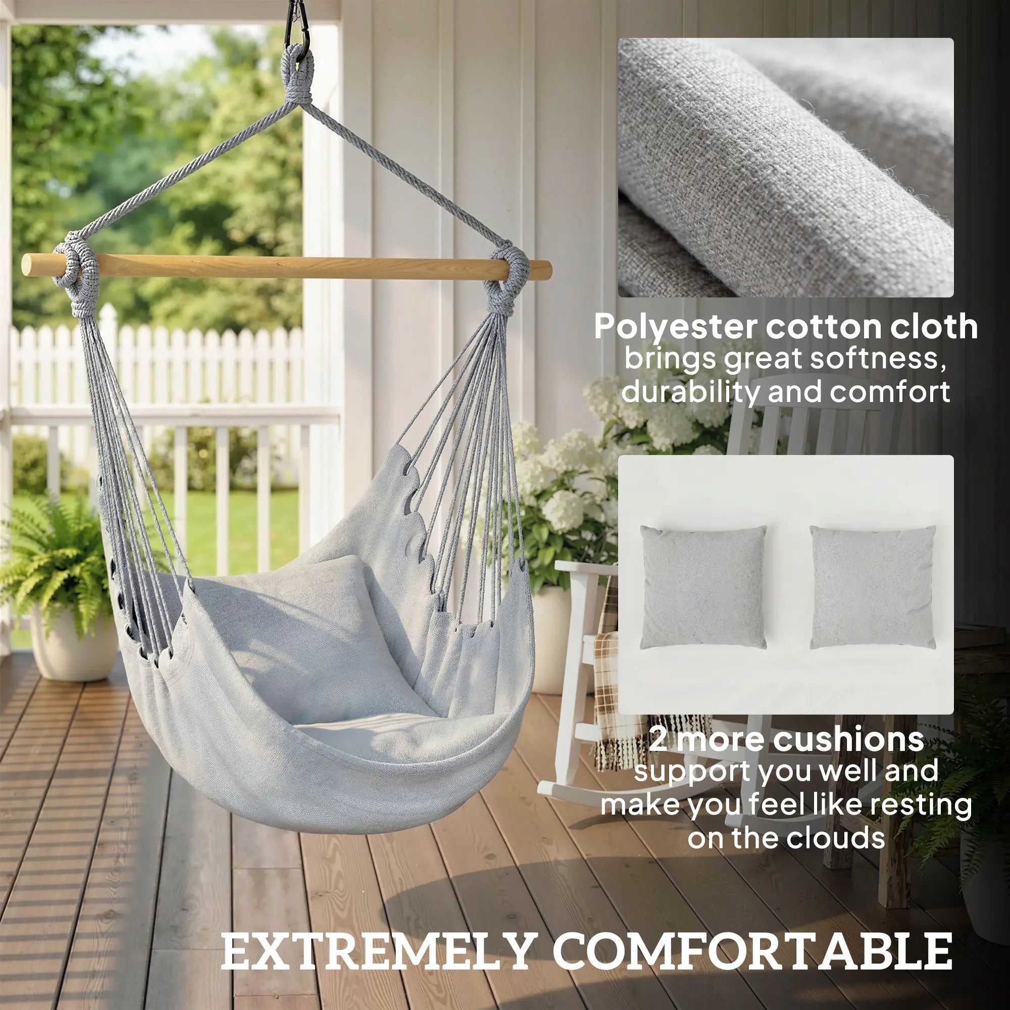 Hanging Macrame Chair With Two Seat Cushions, Grey Hanging Porch Swings at Gallery Canada