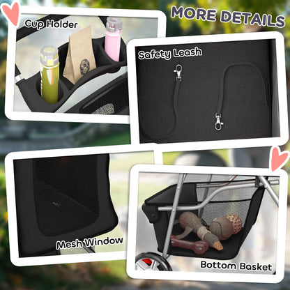 Foldable Pet Stroller With 360° Swivel Wheels, Reflective Strips, Black Dog Bike Trailers & Strollers at Gallery Canada
