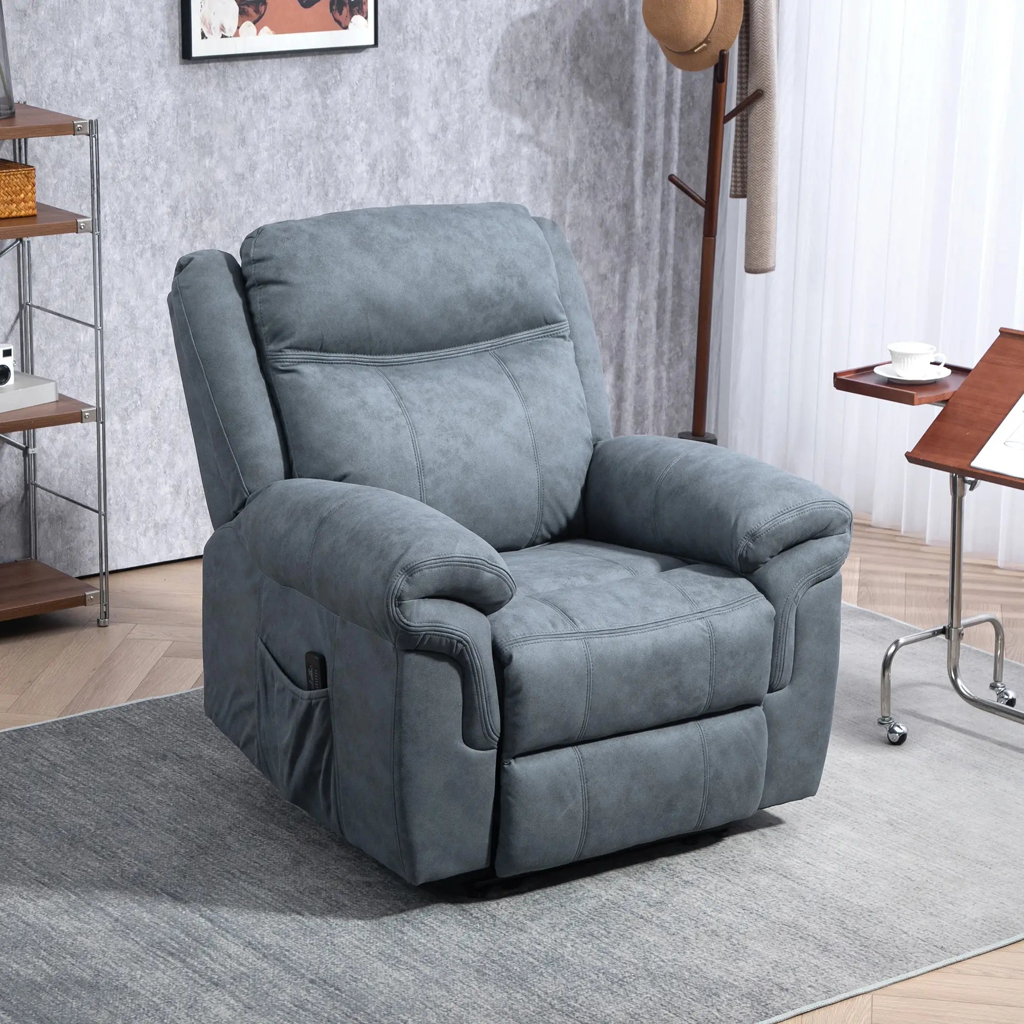 Manual Recliner Chair, Vibration Massage, Side Pockets, Microfibre, Blue-Grey Sofas & Reclining Chairs at Gallery Canada