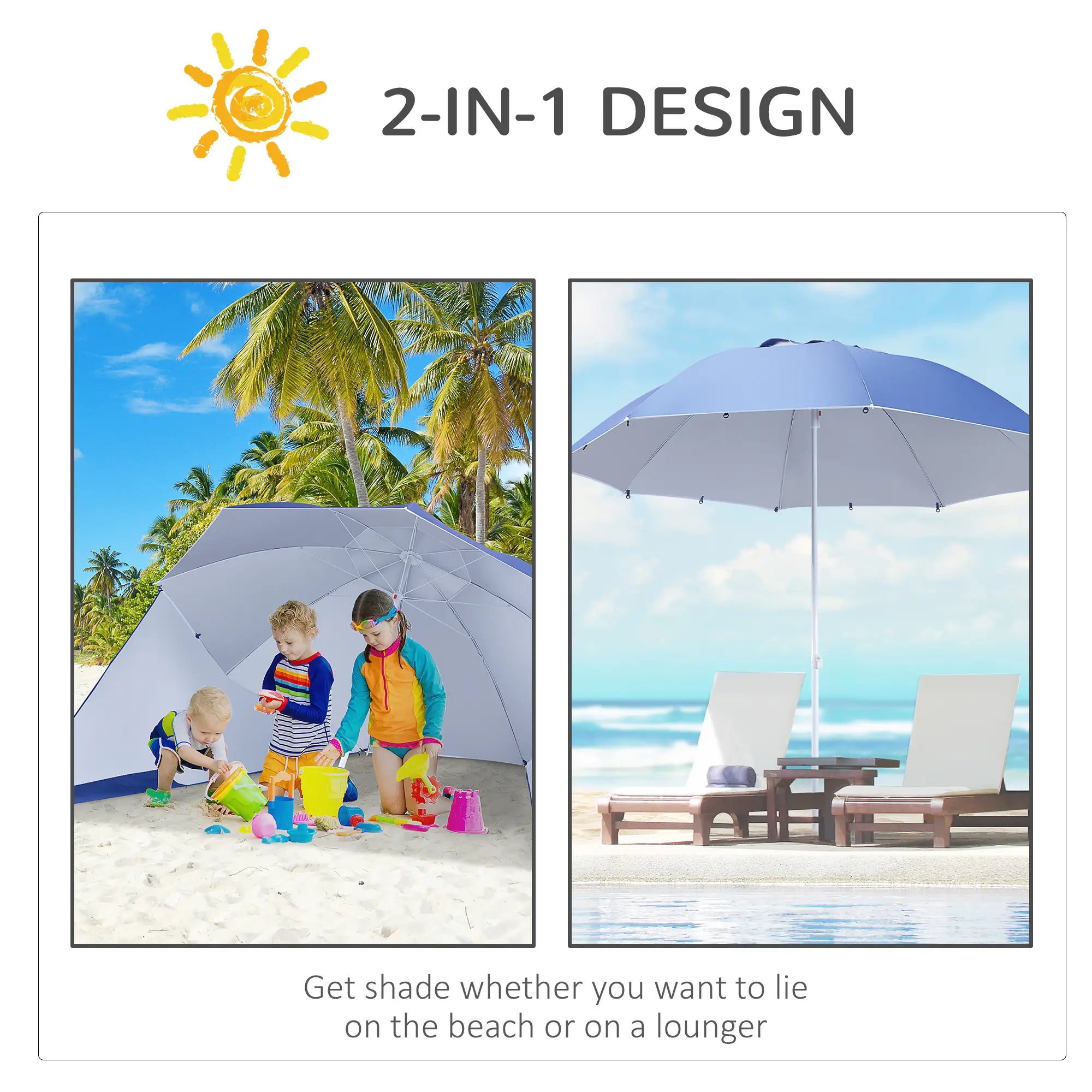 7.5ft 2-in-1 Beach Umbrella, UV50 Protection, Blue Beach Umbrellas at Gallery Canada