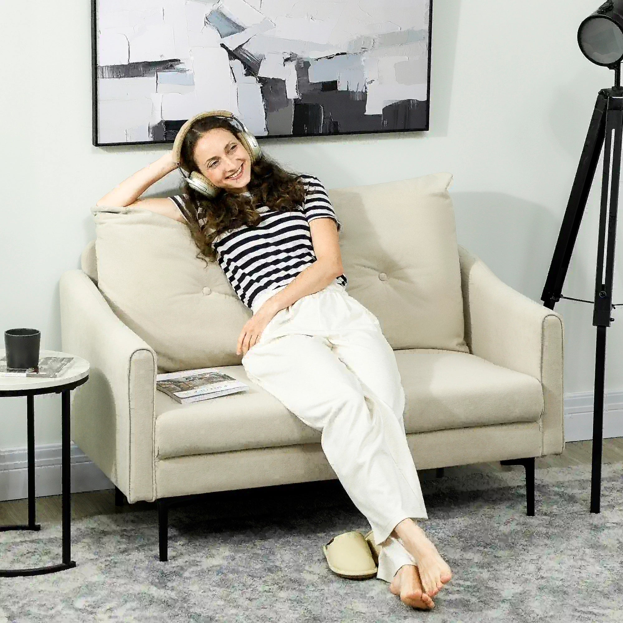 Small 2 Seater Sofa, High-Resilience Foam, Button Tufted, Cream White 2-Seater Sofas at Gallery Canada