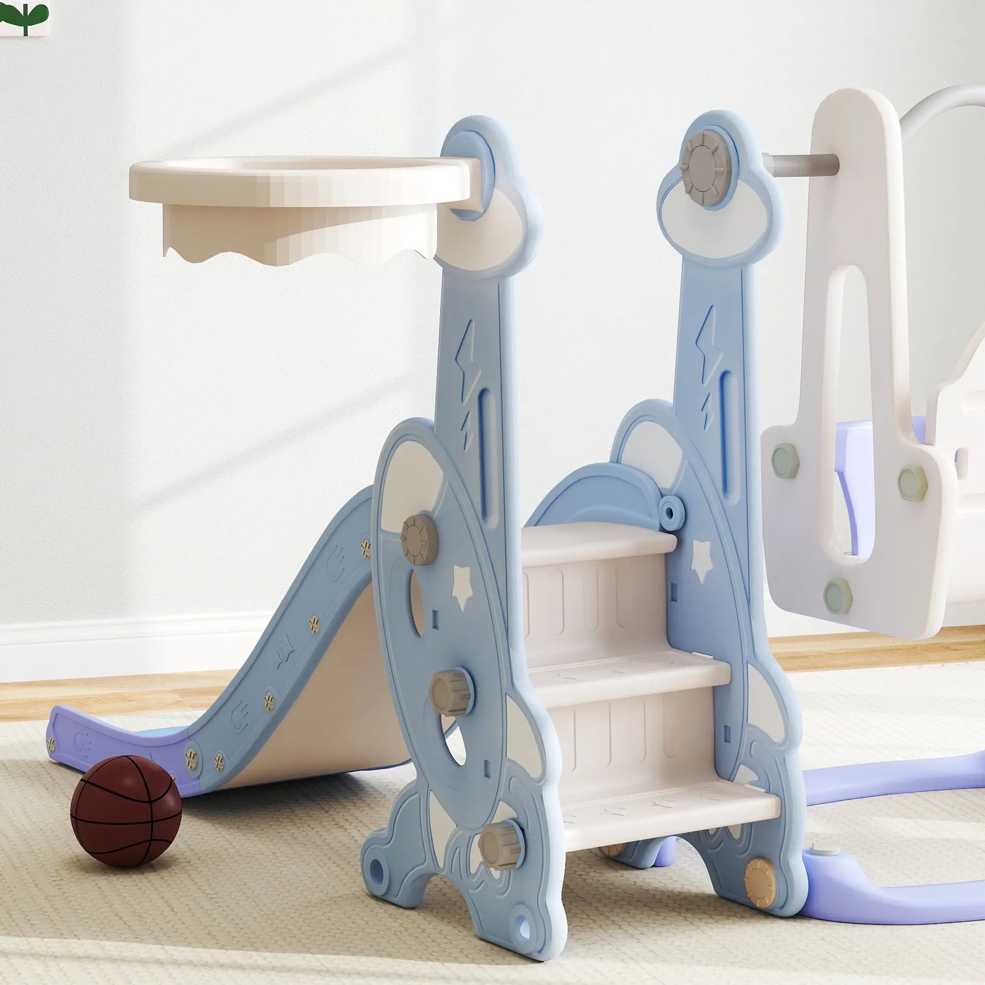 4-in-1 Slide Swing Set, Basketball Hoop, Climber, Ages 1.5-4, Rocket Themed, Light Blue Gym Sets & Swings at Gallery Canada