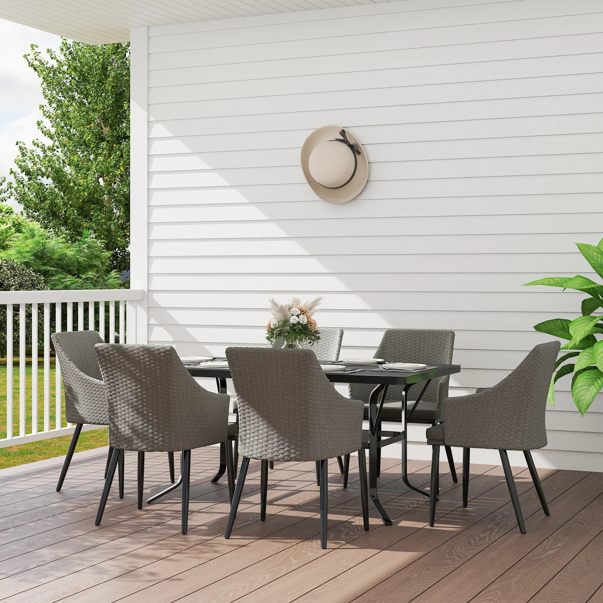 7 Piece Wicker Patio Set, Cushions, Umbrella Hole, Slatted Table Outdoor Dining Sets at Gallery Canada