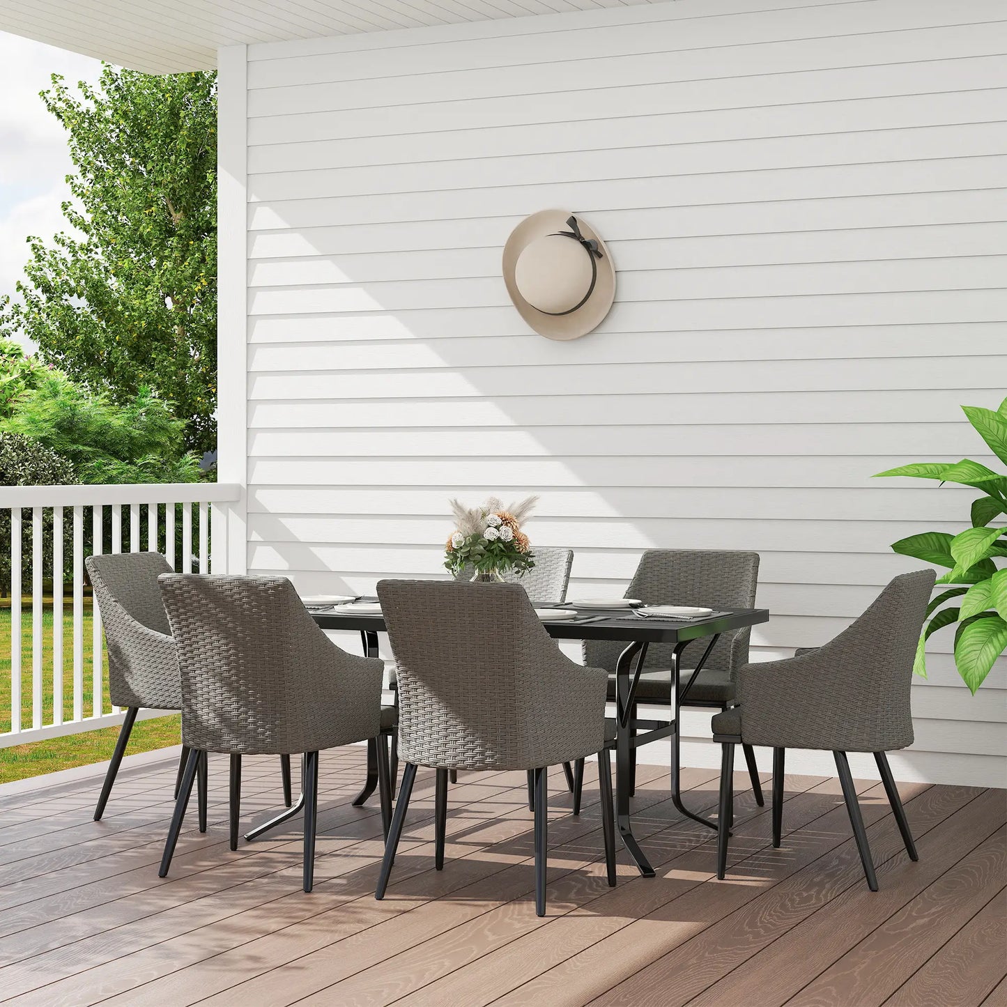 7 Piece Wicker Patio Set, Cushions, Umbrella Hole, Slatted Table Outdoor Dining Sets at Gallery Canada
