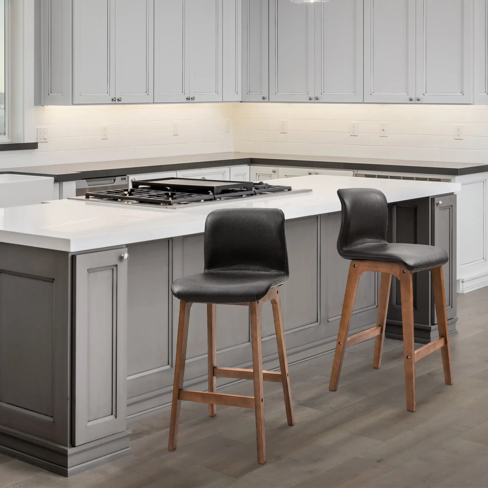 Modern Bar Stools Set of 2, Counter Height, PU Leather, Wooden Frame, Dark Brown Bar Stools at Gallery Canada