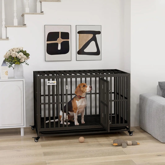 49" Heavy Duty Steel Dog Crate, Kennel with Wheels, Black Houses, Kennels & Pens Black at Gallery Canada