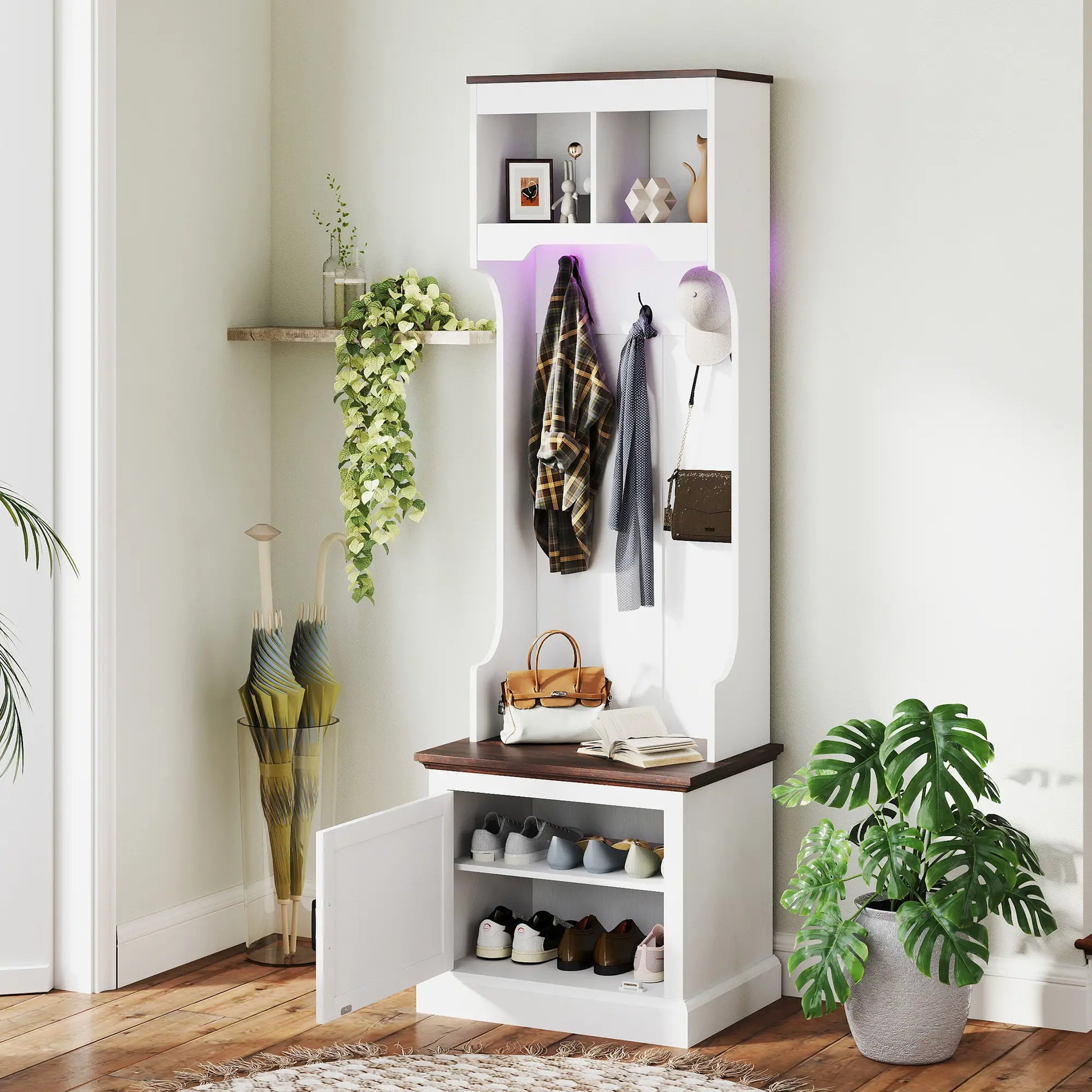 3-in-1 Hall Tree, LED Lights, Bench, Coat Rack, Shoe Storage, White Wood Grain, White Clothing Storage at Gallery Canada