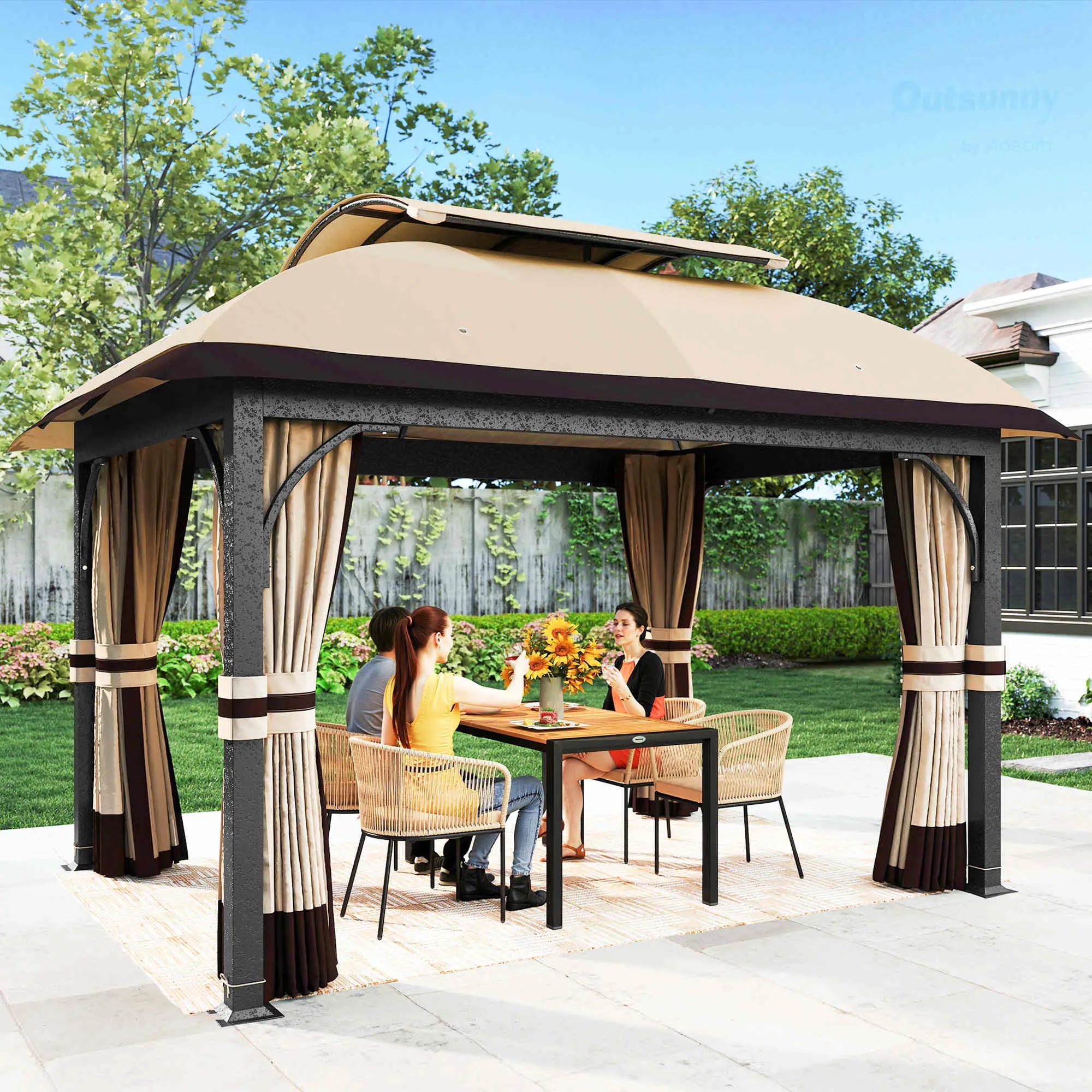 11' x 13' Patio Gazebo, Double Roof Canopy with Netting, Galvanized Frame, Khaki Gazebos at Gallery Canada