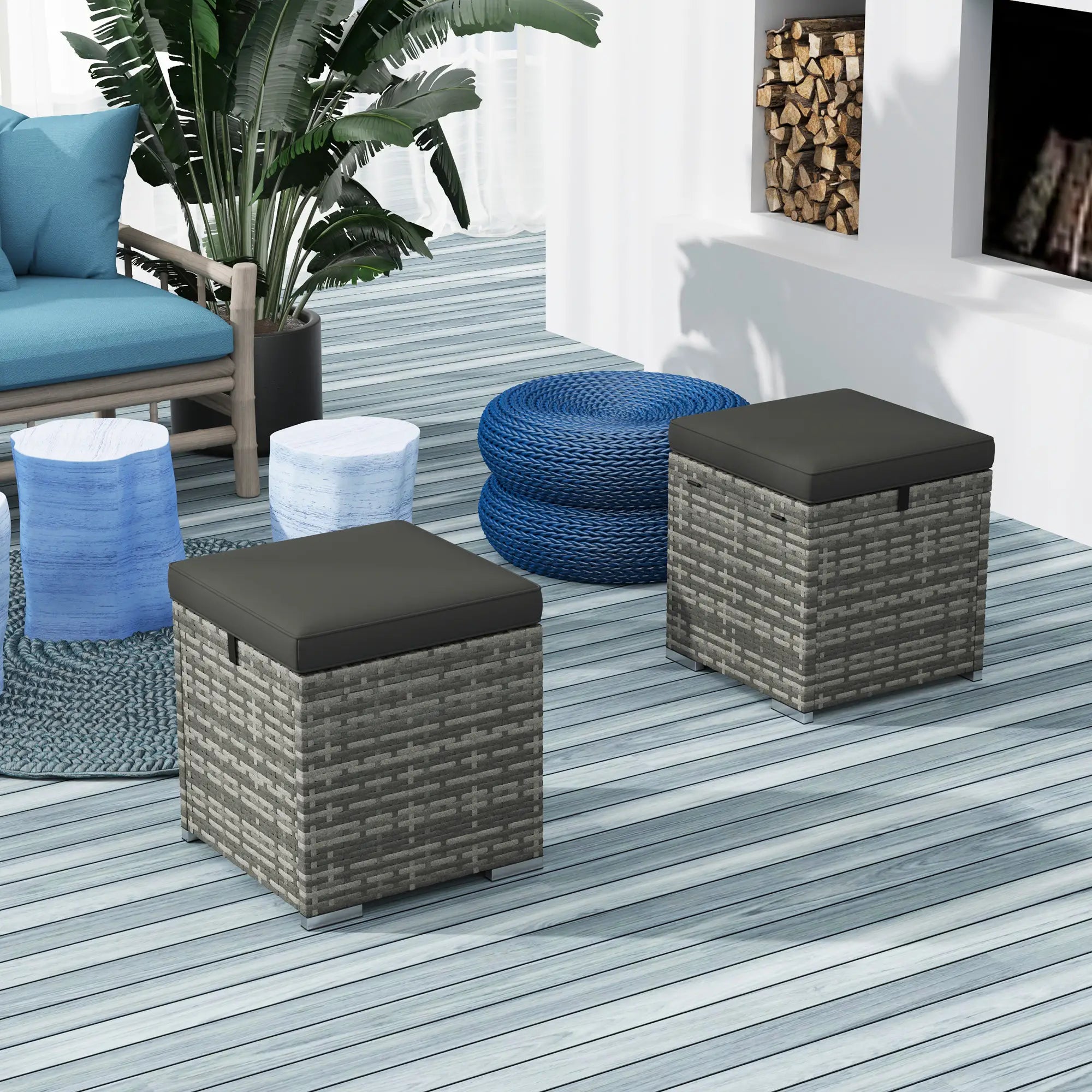 2 Piece Wicker Ottoman With Storage, Square Footstool, Dark Grey Patio Furniture Sets at Gallery Canada