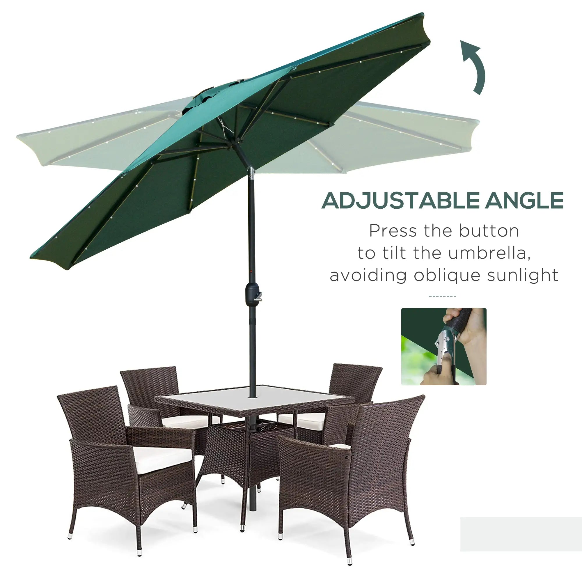 9ft Solar Patio Umbrella, 24 LED Lights, Tilt Canopy, Green Sun Umbrellas at Gallery Canada