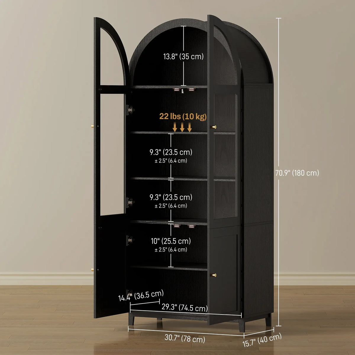 Arched Kitchen Pantry Cabinet, 71" Tall, Adjustable Shelves, Acrylic Doors, Black Kitchen Pantry Cabinets at Gallery Canada