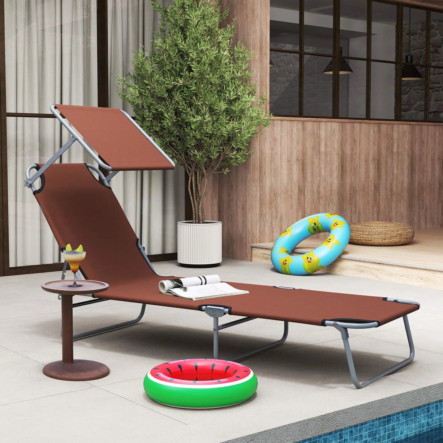 Adjustable Folding Chaise Lounge, Outdoor Tanning Chair with Sun Shade, Brown Lounger Chairs at Gallery Canada