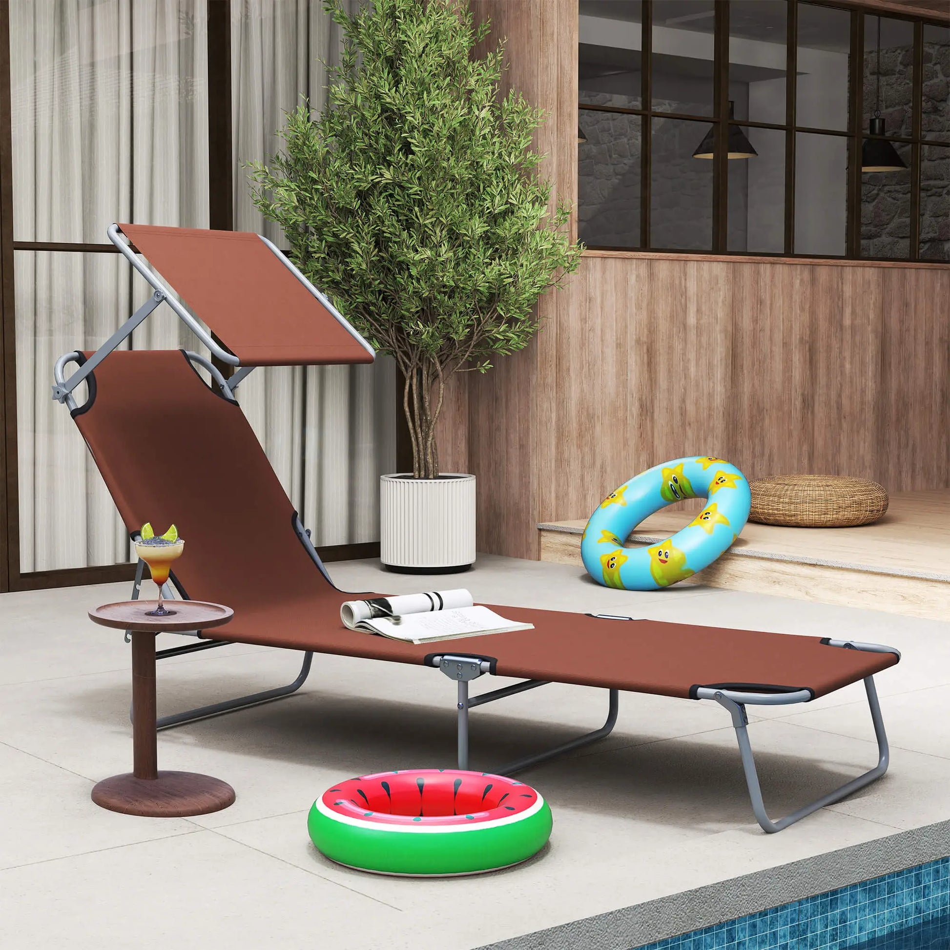 Adjustable Folding Chaise Lounge, Outdoor Tanning Chair with Sun Shade, Brown Lounger Chairs at Gallery Canada