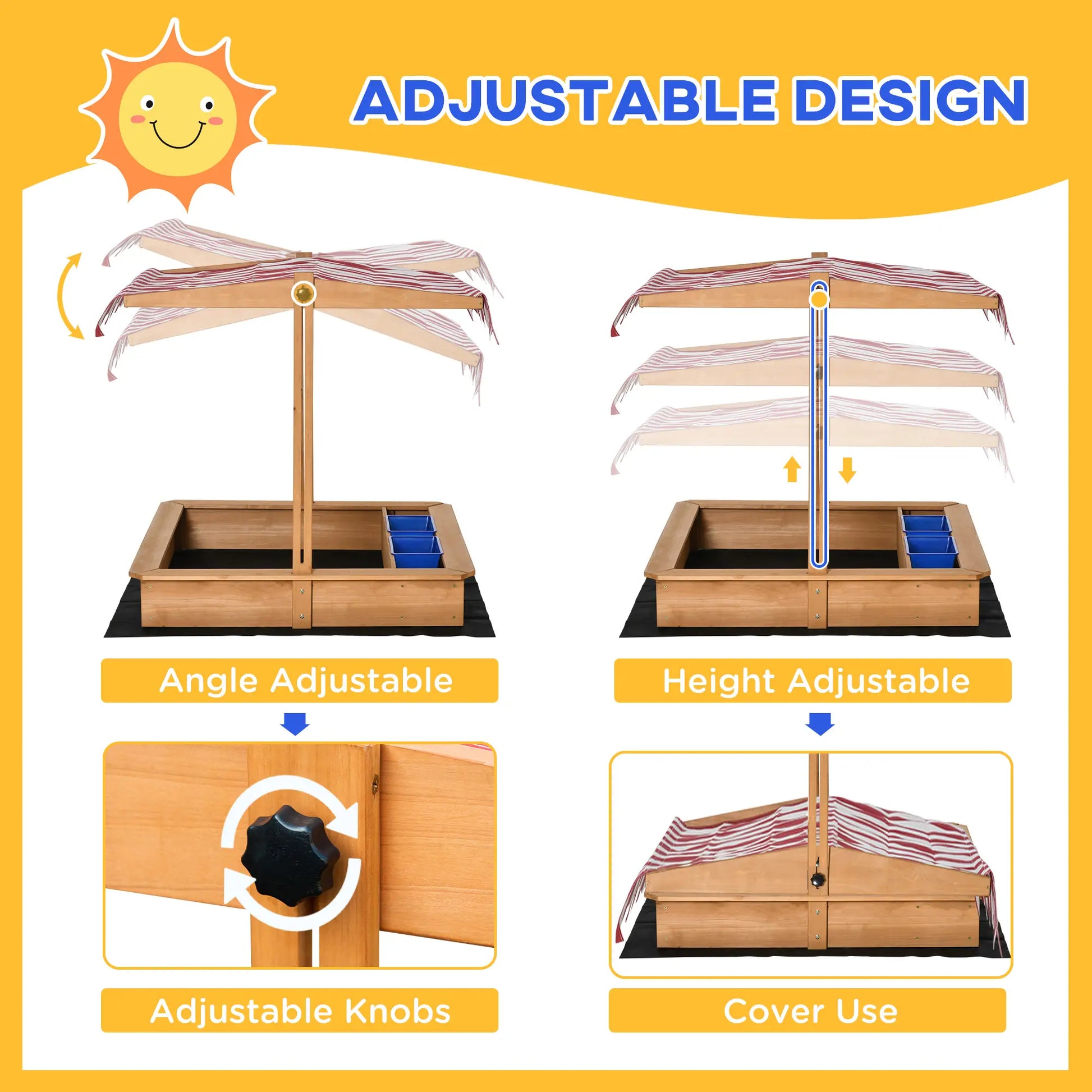Kids Wooden Sandbox, Adjustable Height Cover, Bottom Liner, Seat, Plastic Basins, for 3-7 Years Sandboxes & Accessories at Gallery Canada