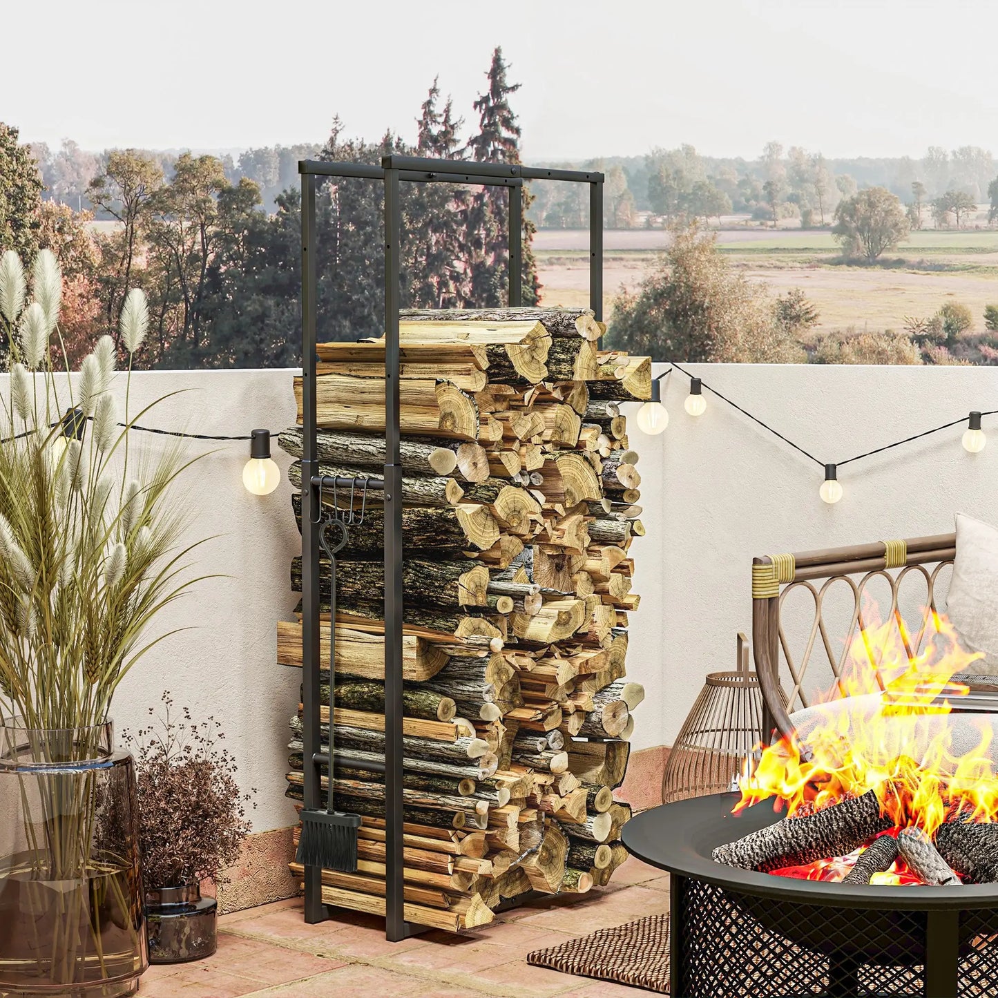 Adjustable Firewood Log Rack, Heavy-Duty Steel, 25.6" x 9.8" x 59.1", Black Firewood Racks at Gallery Canada