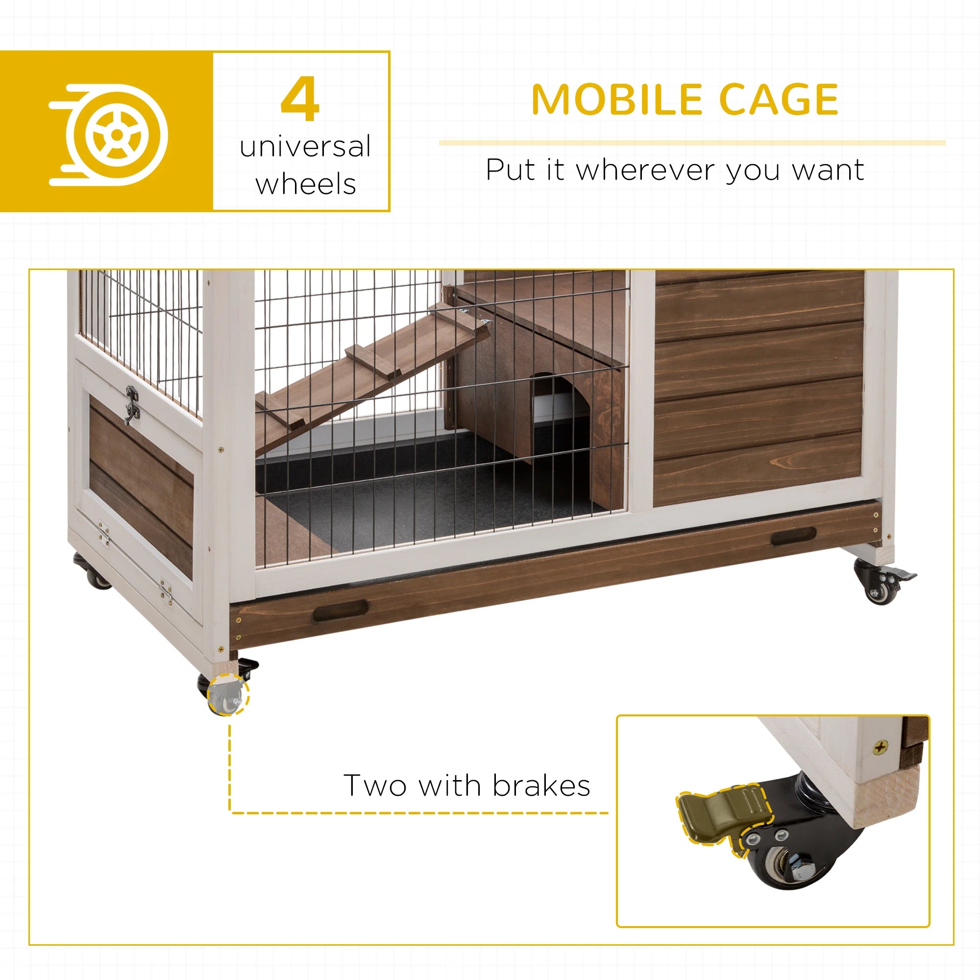 Wooden Indoor Rabbit Hutch, Elevated Bunny Cage with Wheels, Brown Rabbit Hutch at Gallery Canada