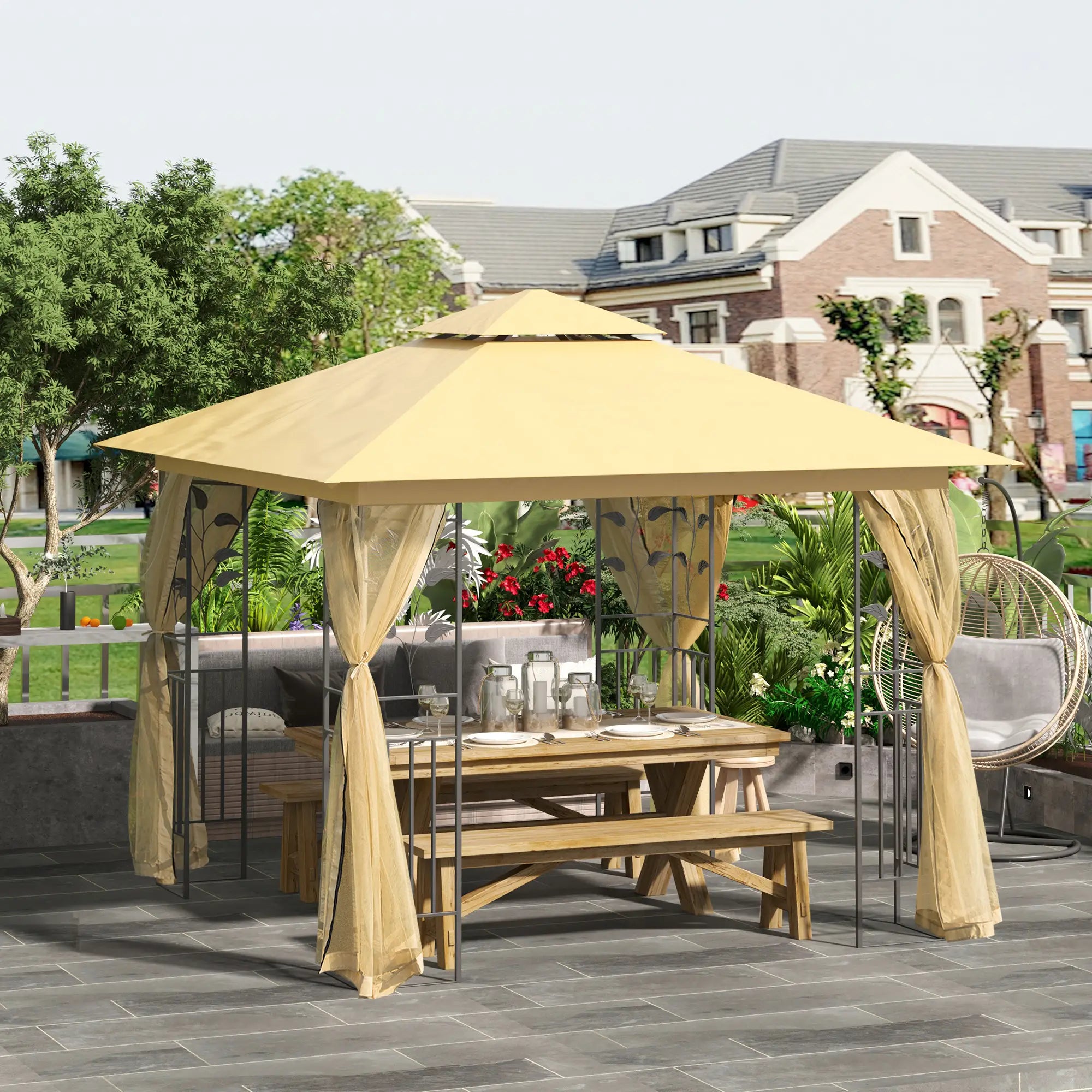 10'x10' Steel Patio Gazebo, Soft-Top, 2-Tier Roof, Beige Gazebos at Gallery Canada