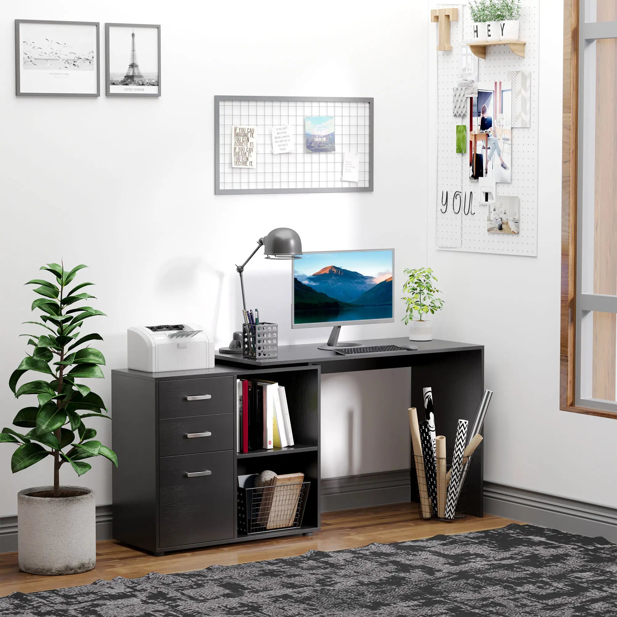 L-Shaped Corner Desk with Storage Shelf, Drawer, Black Writing Desks at Gallery Canada