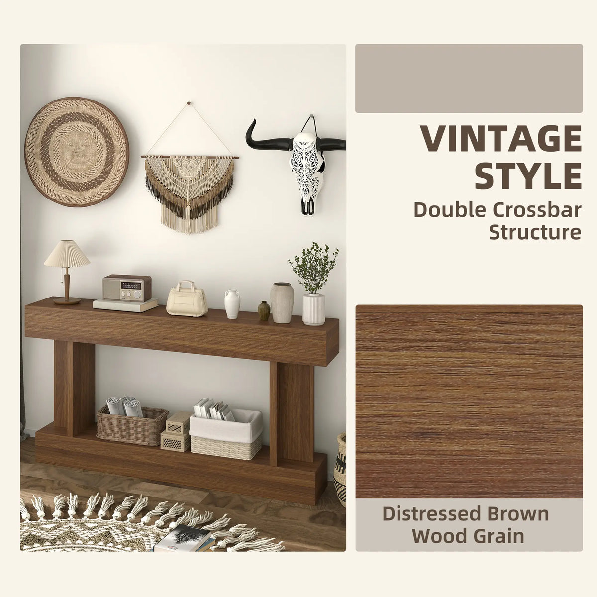 63 Inch Console Table, Vintage Narrow Entryway with Storage Shelf, Dark Brown Console Tables at Gallery Canada