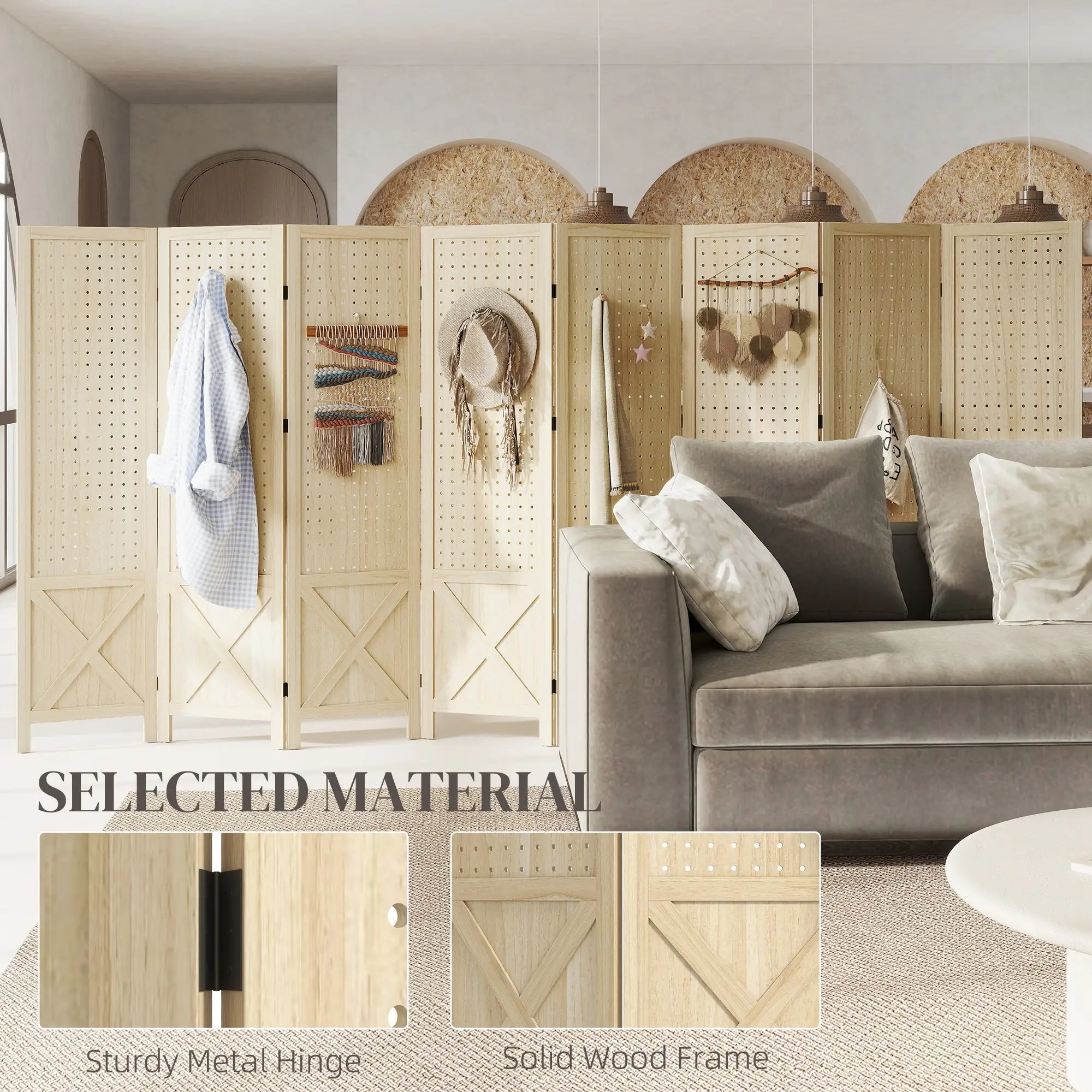 Wooden Room Divider With Pegboard Display, 8 Panel Folding Privacy Screen, Natural Wood Room Dividers at Gallery Canada