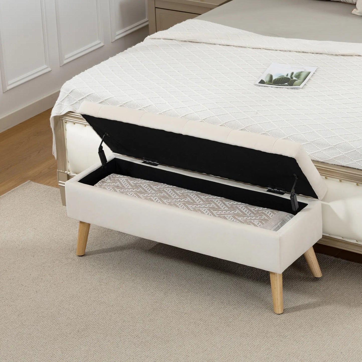 Storage Ottoman With Lid, Velvet Bench, Cream White Storage Ottomans & Benches at Gallery Canada