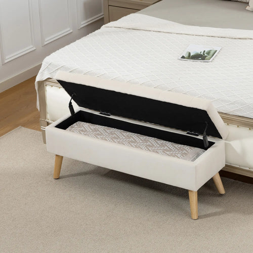 Storage Ottoman With Lid, Velvet Bench, Cream White