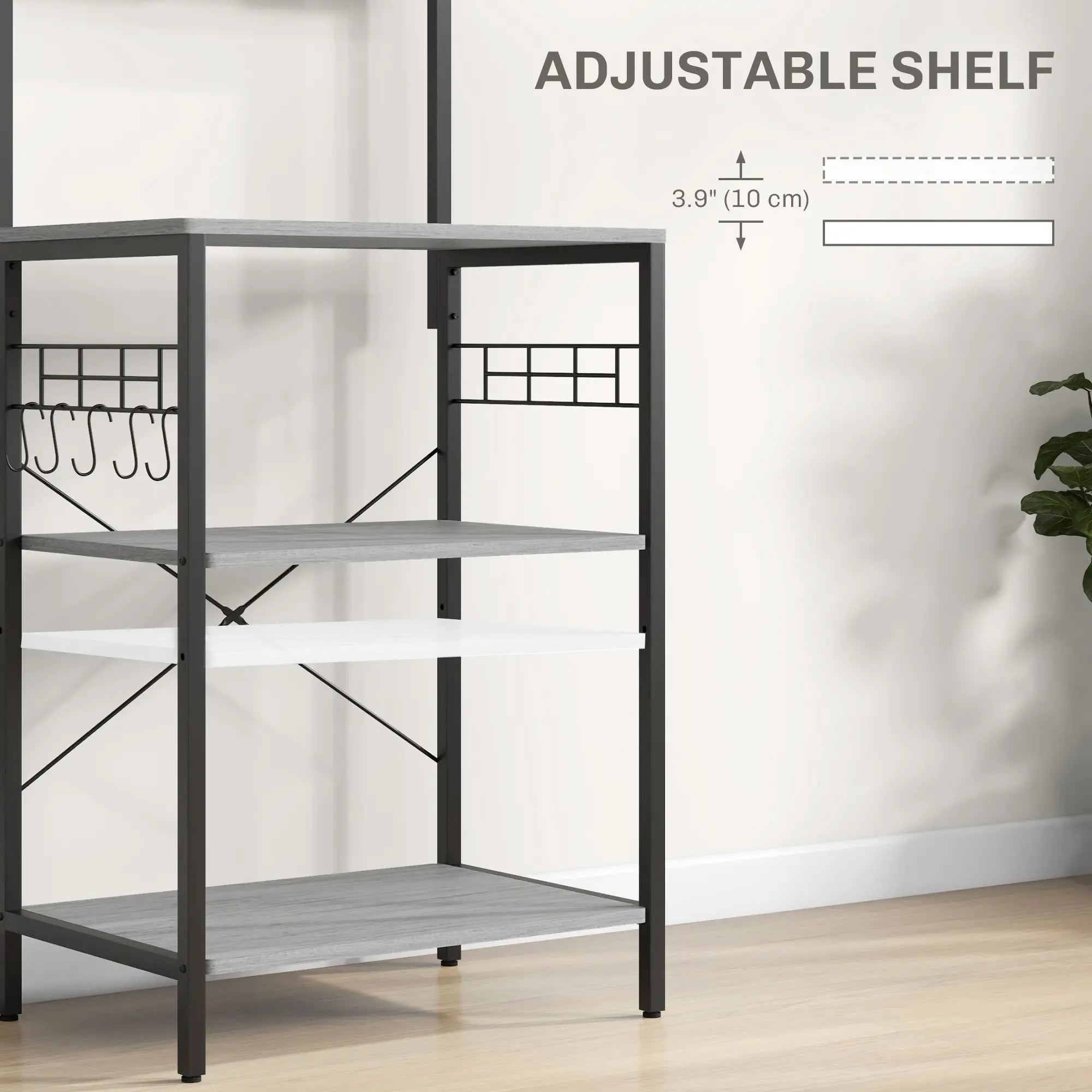 Kitchen Baker's Rack with Power Outlet, Adjustable Shelves, Distressed Grey, Grey Bar Cabinets at Gallery Canada