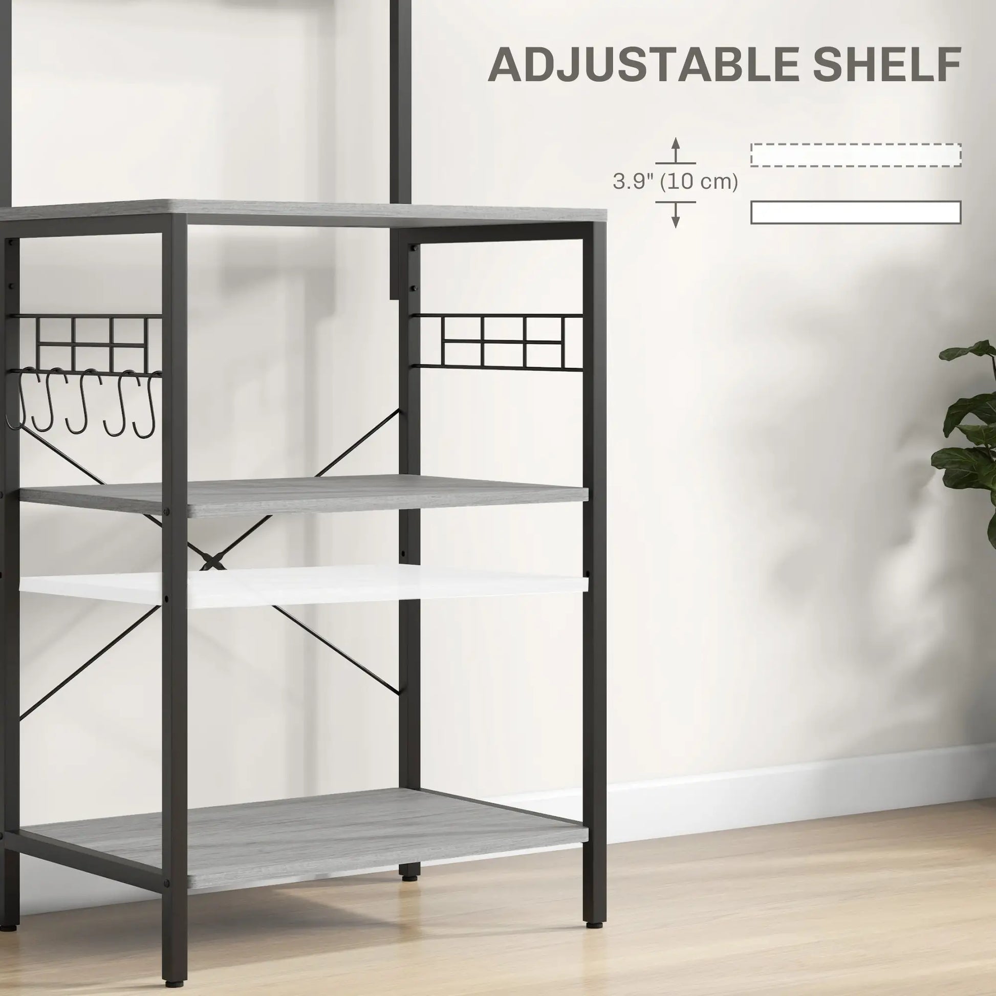 Kitchen Baker's Rack with Power Outlet, Adjustable Shelves, Distressed Grey, Grey Bar Cabinets at Gallery Canada