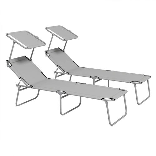 Outdoor Lounge Chair, Adjustable Folding Chaise With Sun Shade, Light Grey