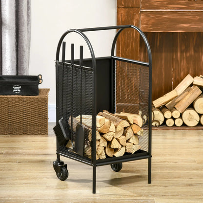 15" Outdoor Firewood Rack With Wheels, Heavy Duty Log Storage, Black Firewood Racks at Gallery Canada