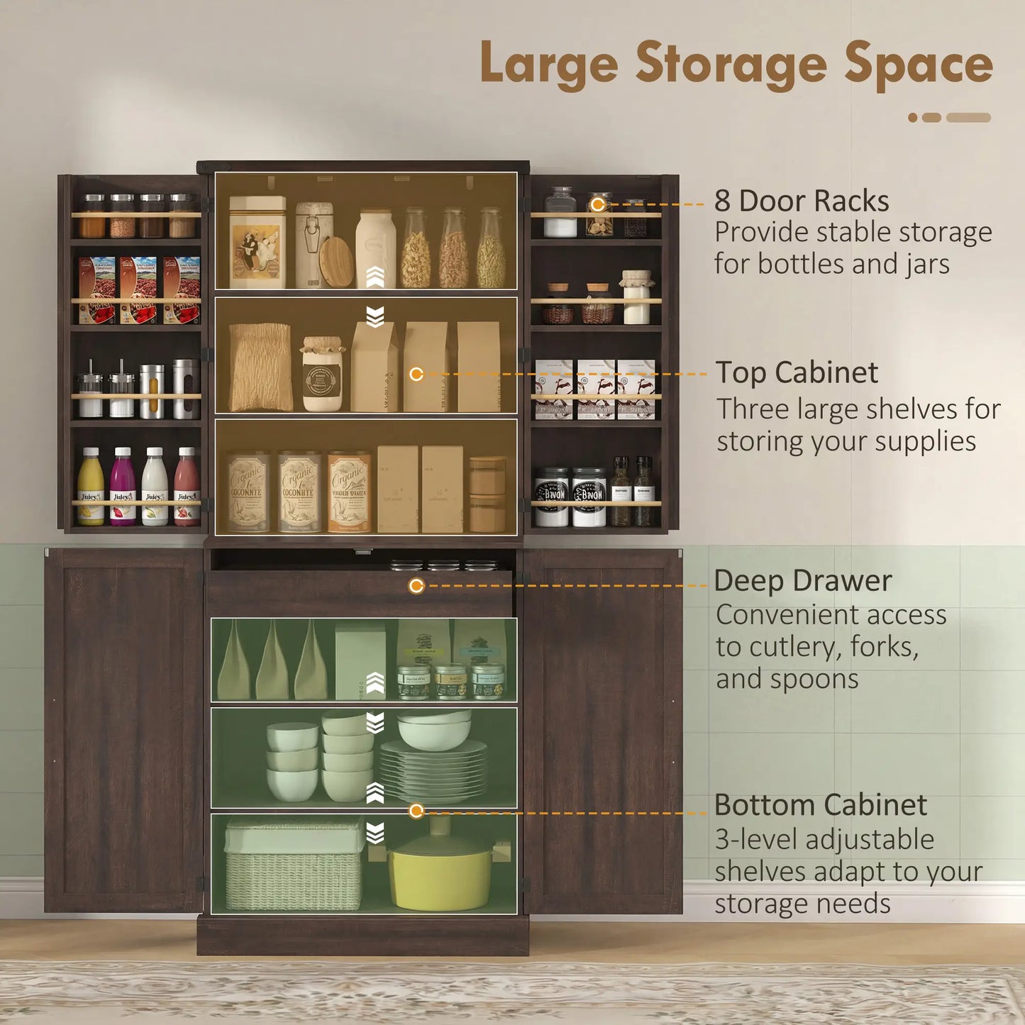 72" Tall Kitchen Pantry Cabinet, Farmhouse Storage Cabinet with 8 Door Racks and Adjustable Shelves, Distressed Brown