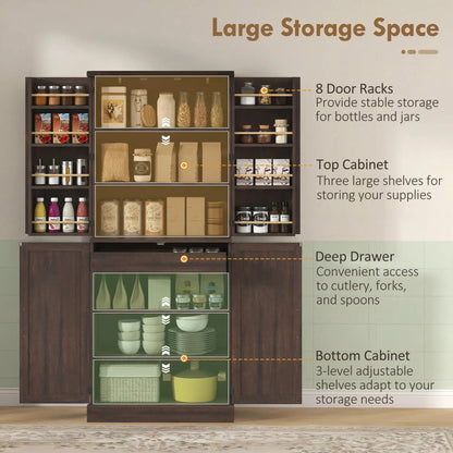 72" Tall Kitchen Pantry Cabinet, Farmhouse Storage Cabinet with 8 Door Racks and Adjustable Shelves, Distressed Brown