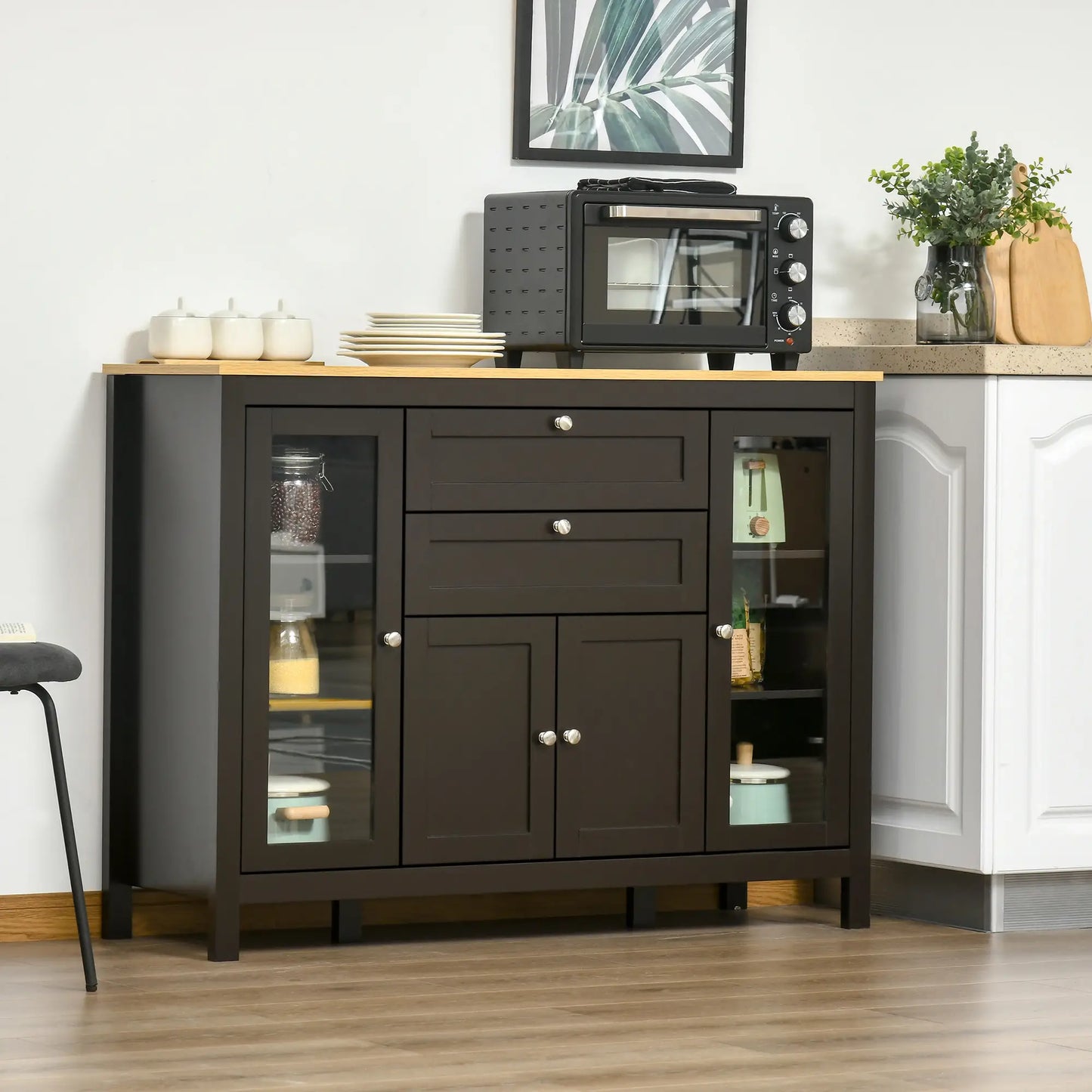 Buffet Cabinet Sideboard, 2 Drawers, 3 Storage Cabinets, Glass Doors, Dark Brown Bar Cabinets at Gallery Canada