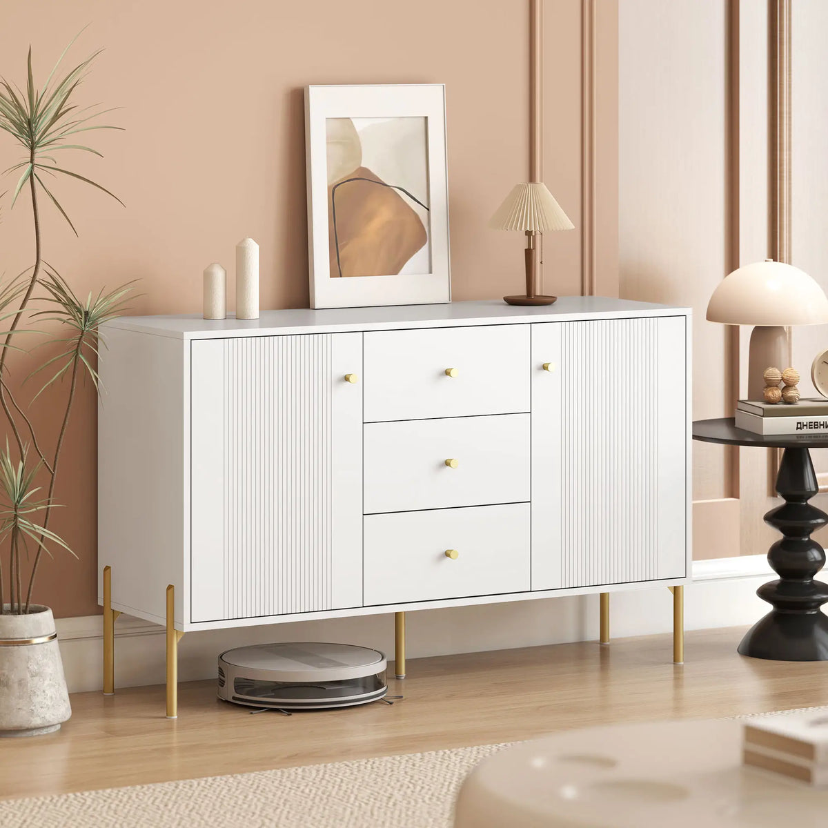 Buffet Cabinet, Modern Sideboard with 3 Drawers and 2 Shelves, White