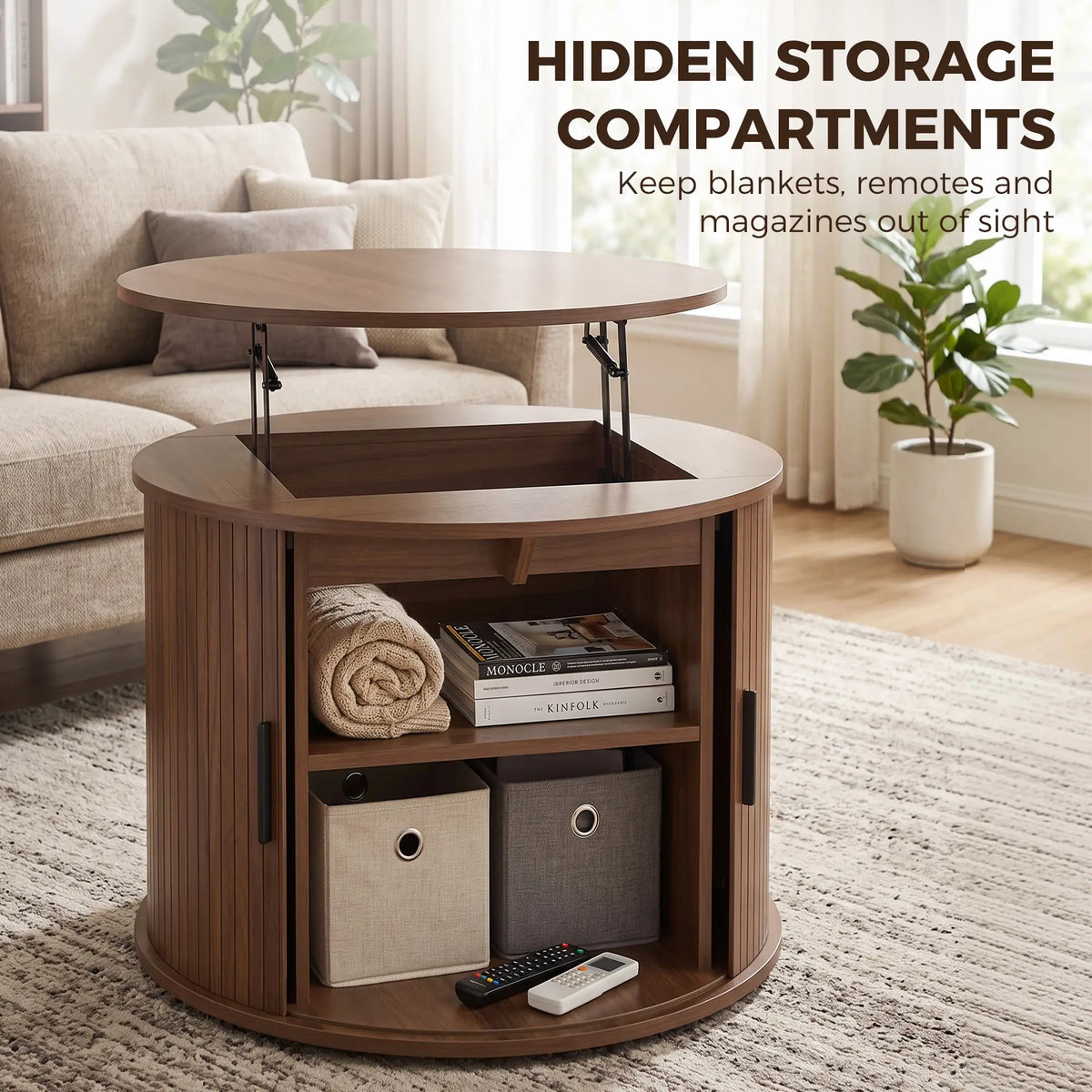 Lift Top Coffee Table, Round, Storage, Sliding Door, Walnut Brown Coffee Tables at Gallery Canada