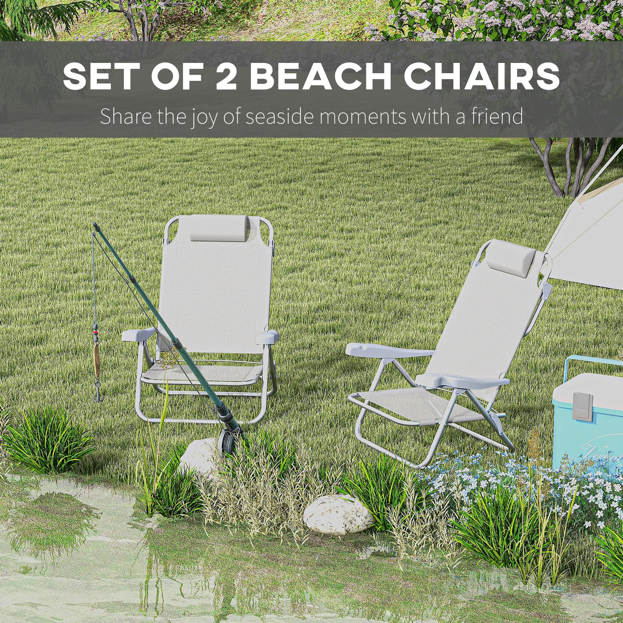 Set of 2 Fishing Chairs, Adjustable Backrest, Headrest, Light Grey Picnic Tables & Camping Chairs at Gallery Canada