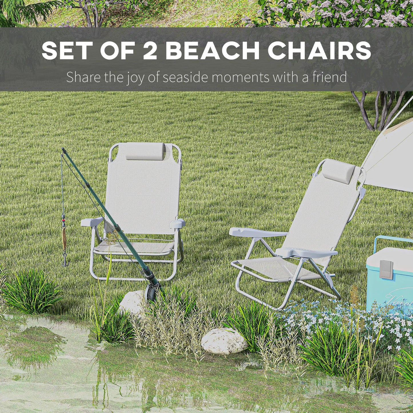Set of 2 Fishing Chairs, Adjustable Backrest, Headrest, Light Grey Picnic Tables & Camping Chairs at Gallery Canada