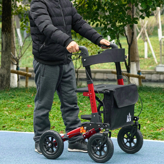 Senior Rollator with Seat, Rubber Wheels, Adjustable Handle, Red Knee Walker & Wheelchair Ramps Red at Gallery Canada