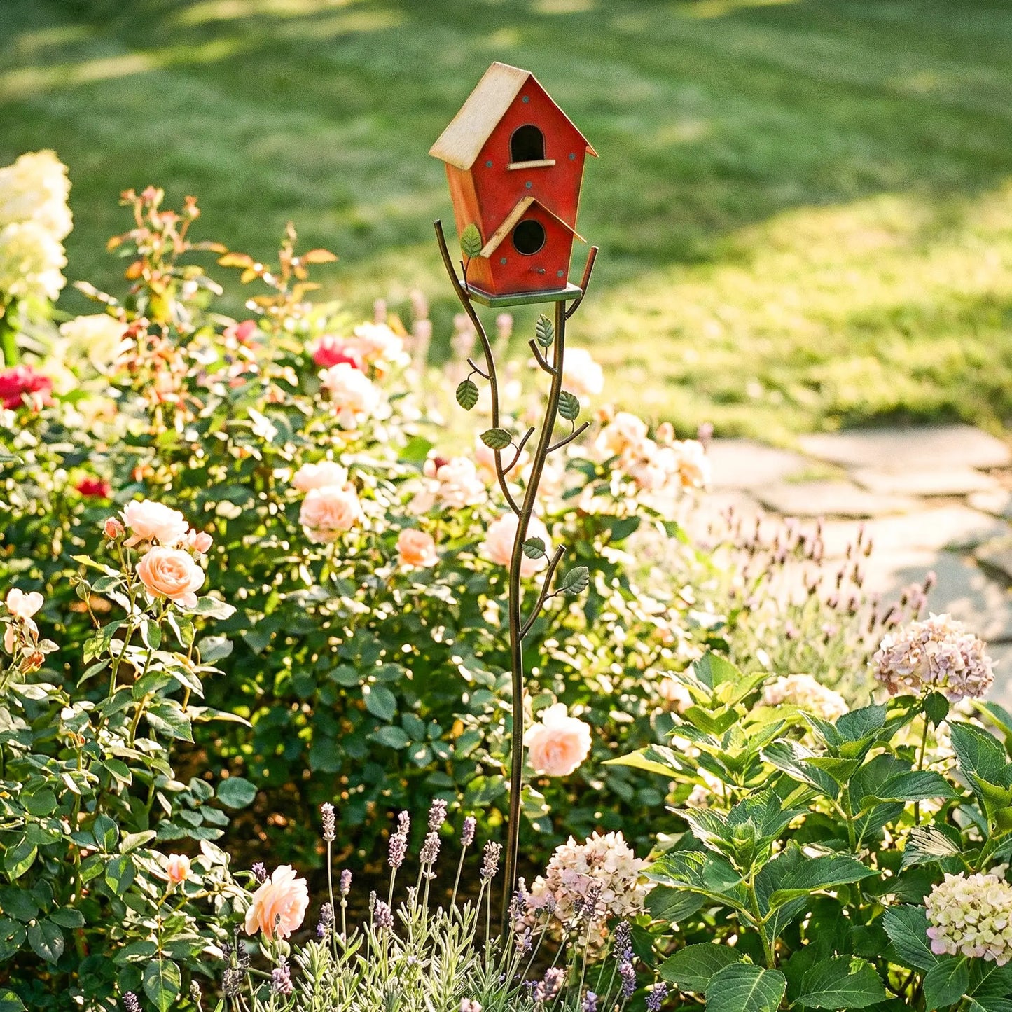 57" Outdoor Bird House With Pole, Metal, Double-Hole, Red Birds at Gallery Canada