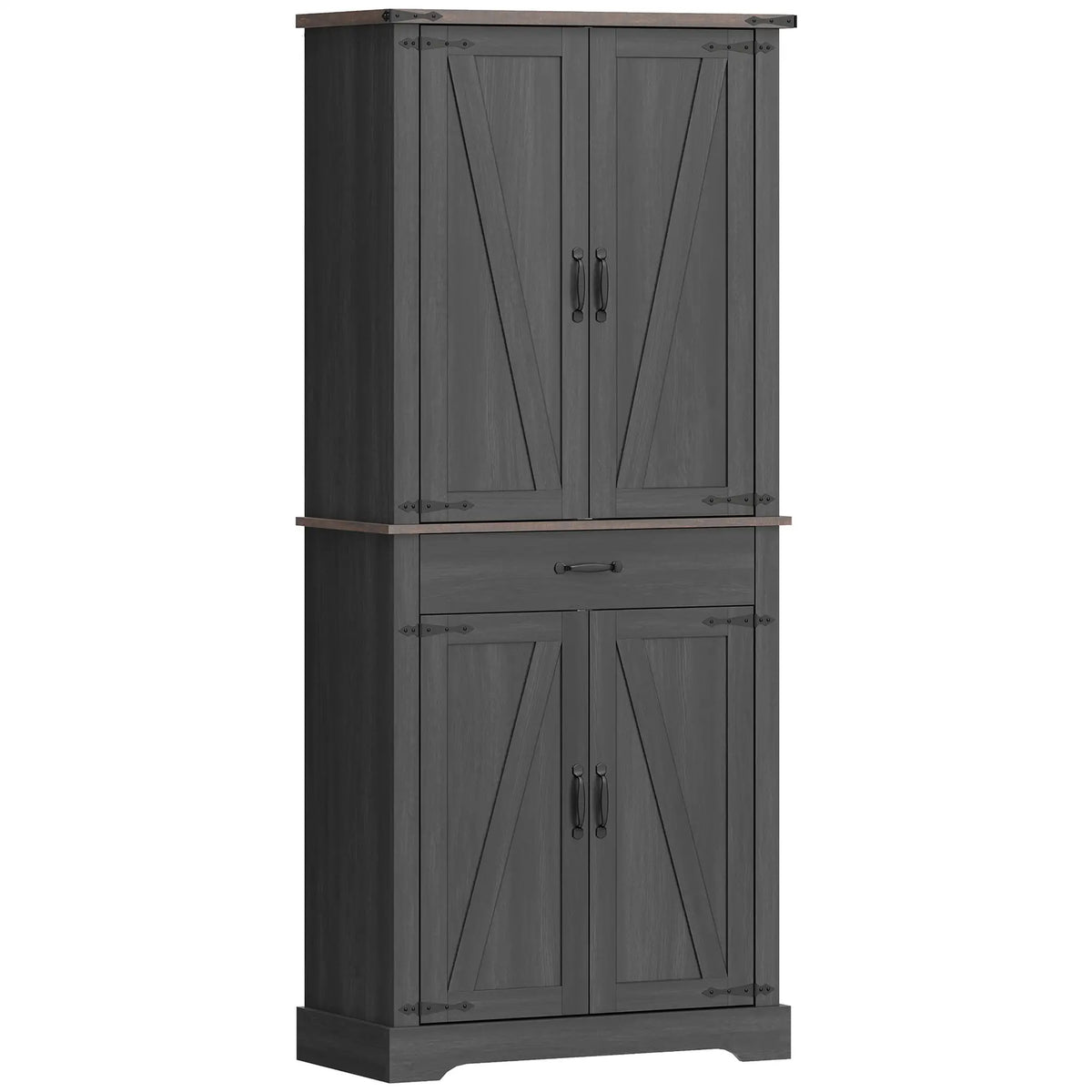 71" Tall Kitchen Cabinet, Farmhouse Pantry with Barn Doors, Drawer, Black