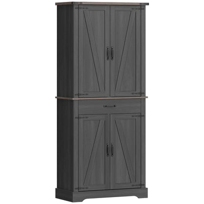71" Tall Kitchen Cabinet, Farmhouse Pantry with Barn Doors, Drawer, Black