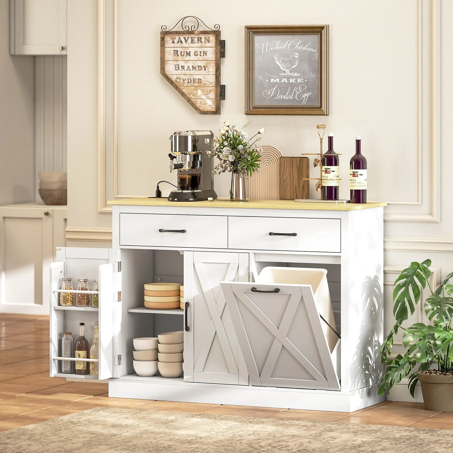 7 Gallon Tilt Out Garbage Cabinet, Kitchen Island With Charging Station, White Bar Cabinets at Gallery Canada