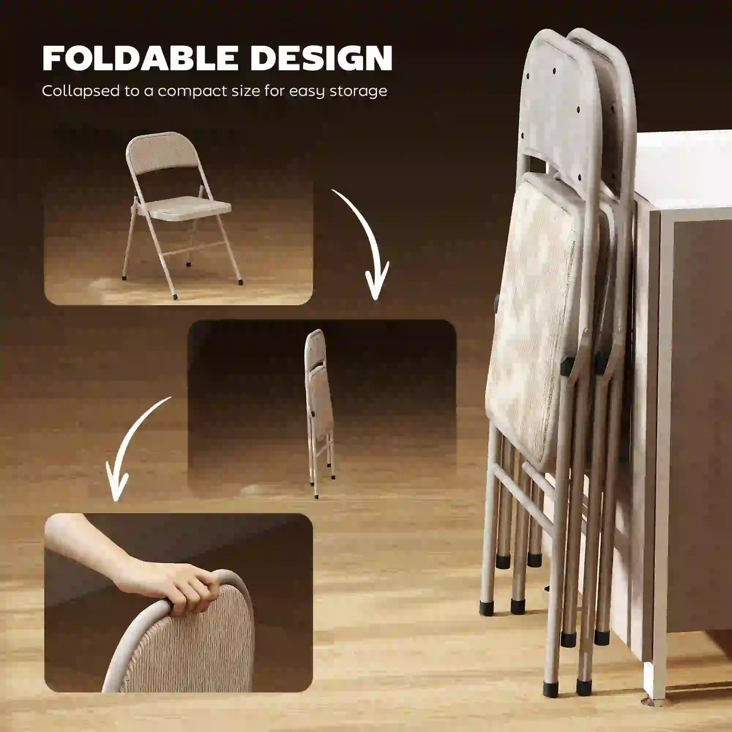 Metal Foldable Chairs, Linen Fabric Padded, Cushion Seat, Open Back, Beige Dining Chairs at Gallery Canada