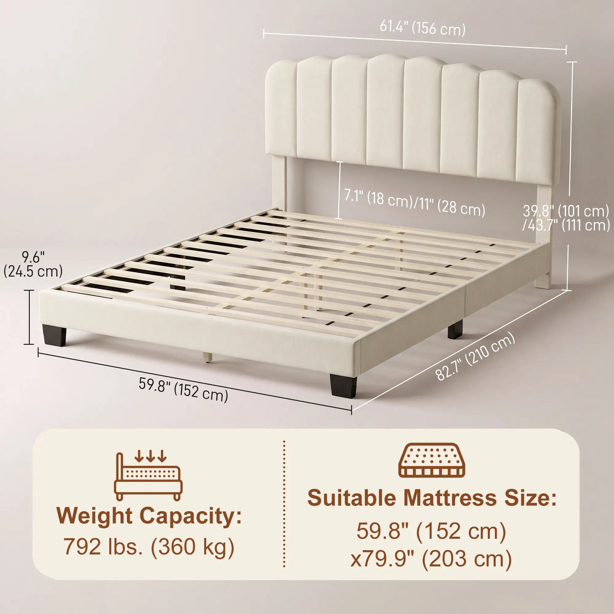 Queen Size Bed Frame, Adjustable Headboard, Linen-Feel Upholstered, Beige