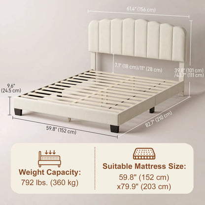 Queen Size Bed Frame, Adjustable Headboard, Linen-Feel Upholstered, Beige