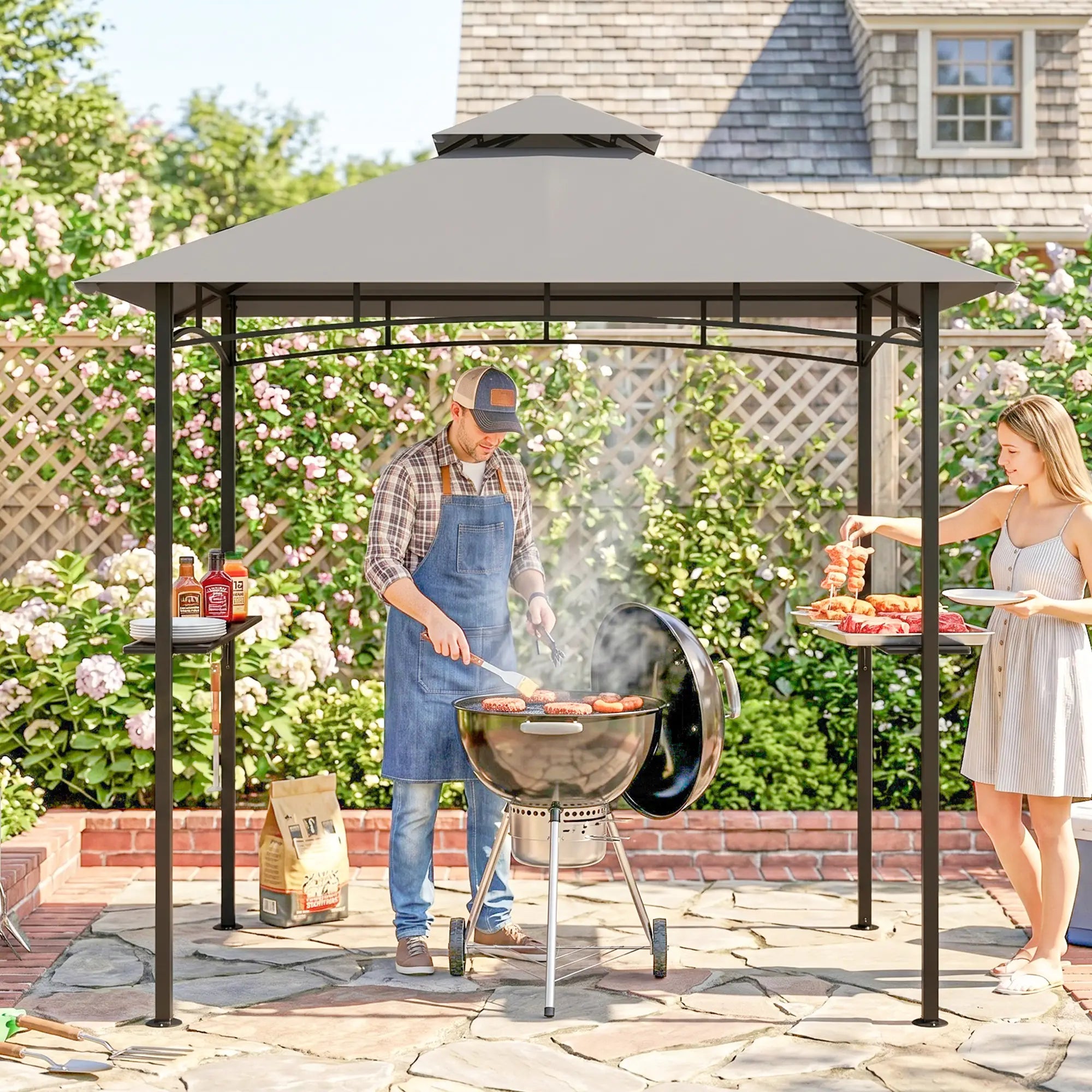 8' x 5' BBQ Grill Gazebo Tent, Double Tiered Canopy, Outdoor Sun Shade, Grey BBQ Grill Gazebos at Gallery Canada